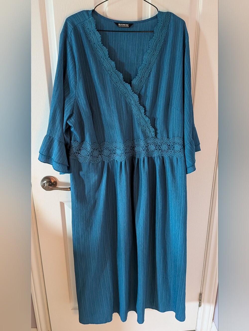 BloomChic Teal Wrap Midi Dress with Lace Trim